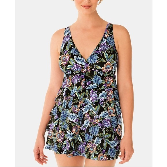 Swim Solutions Boho Paisley Multicolored V-Neck Ruffle one piece Swim Dress sz 8 - Picture 1 of 16